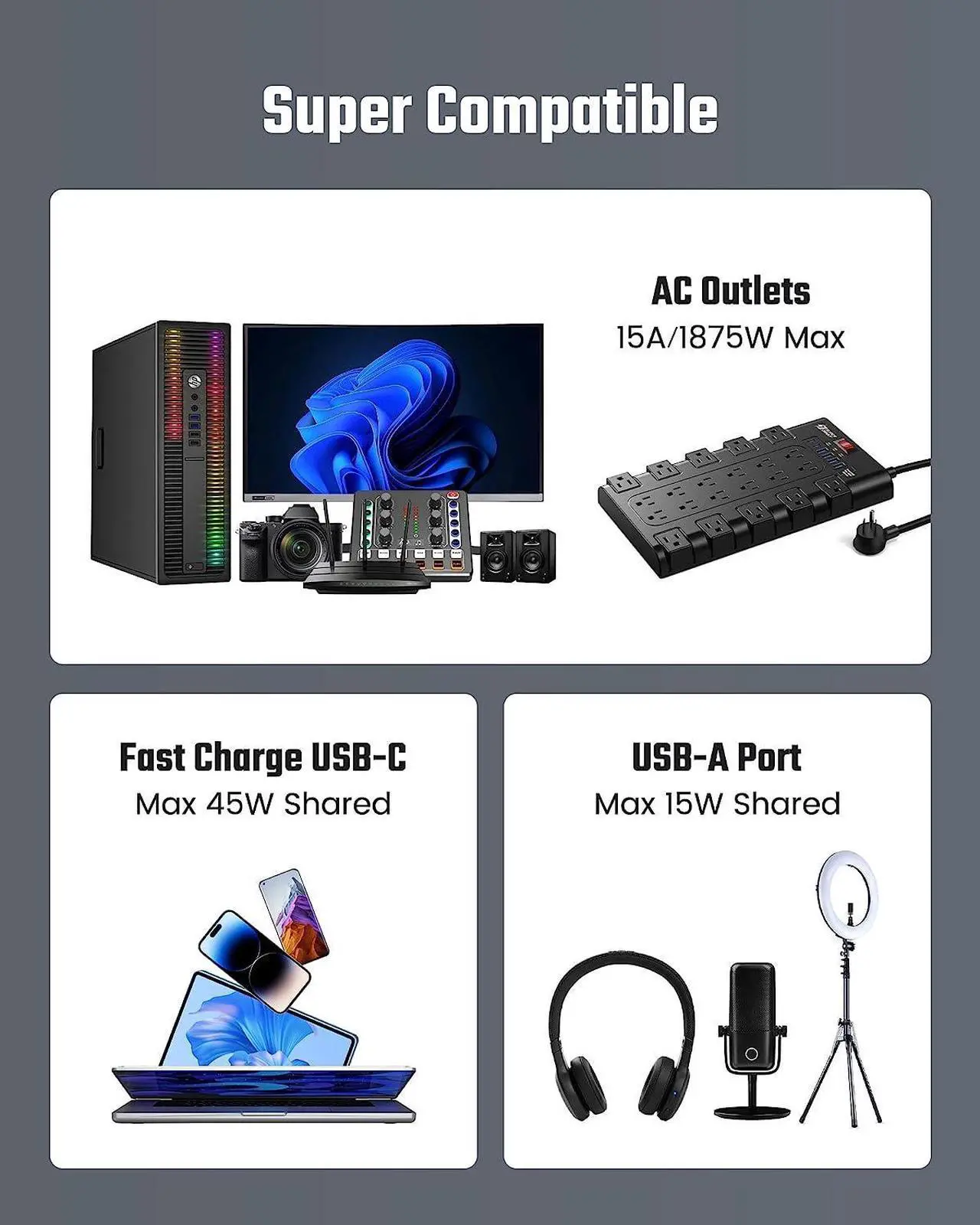 Alt view image 4 of 7 - SUPERDANNY 2 USB-C Ports Fast Charging Station Power Strip Surge Protector 22 Outlets 2100J Iphone Charger