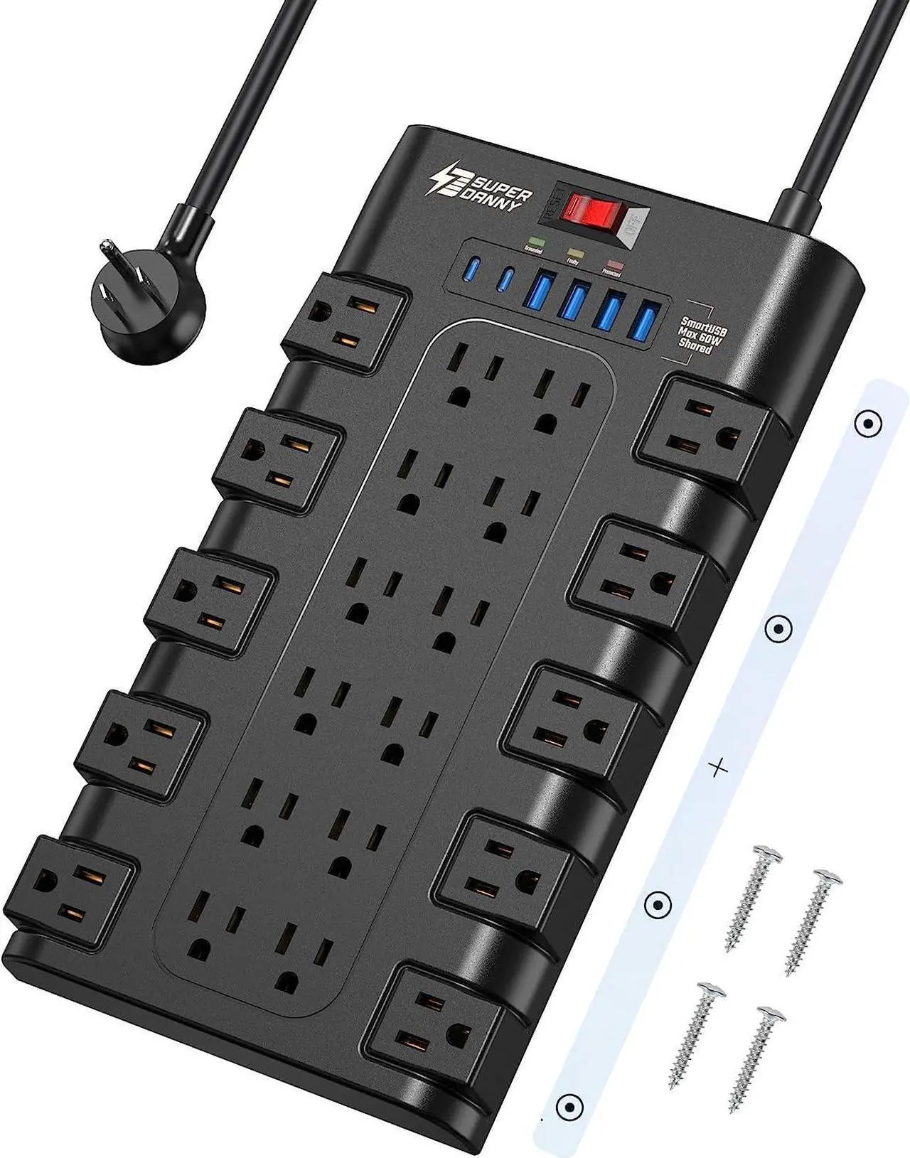 Main image of SUPERDANNY 2 USB-C Ports Fast Charging Station Power Strip Surge Protector 22 Outlets 2100J Iphone Charger