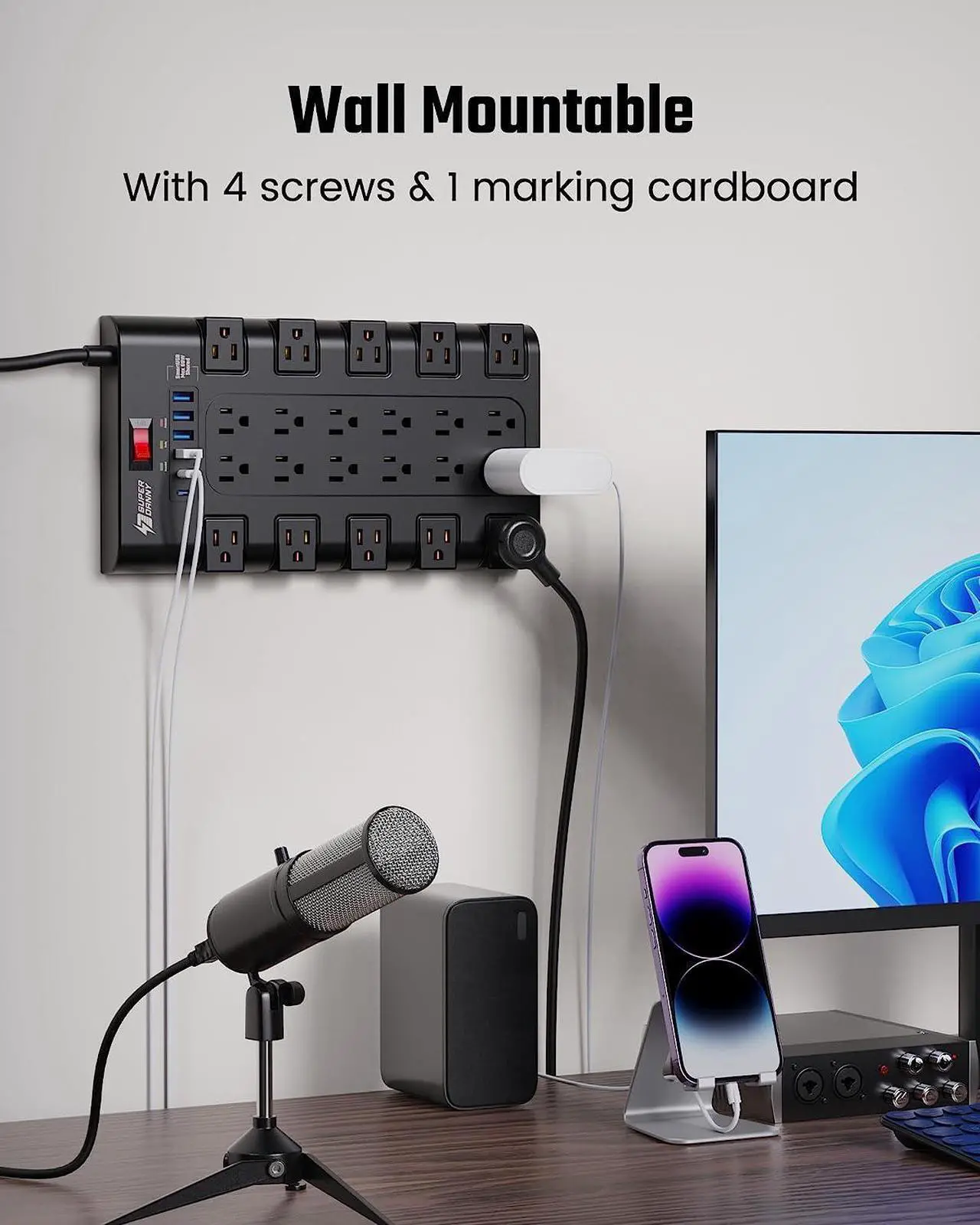 Alt view image 2 of 7 - SUPERDANNY 2 USB-C Ports Fast Charging Station Power Strip Surge Protector 22 Outlets 2100J Iphone Charger