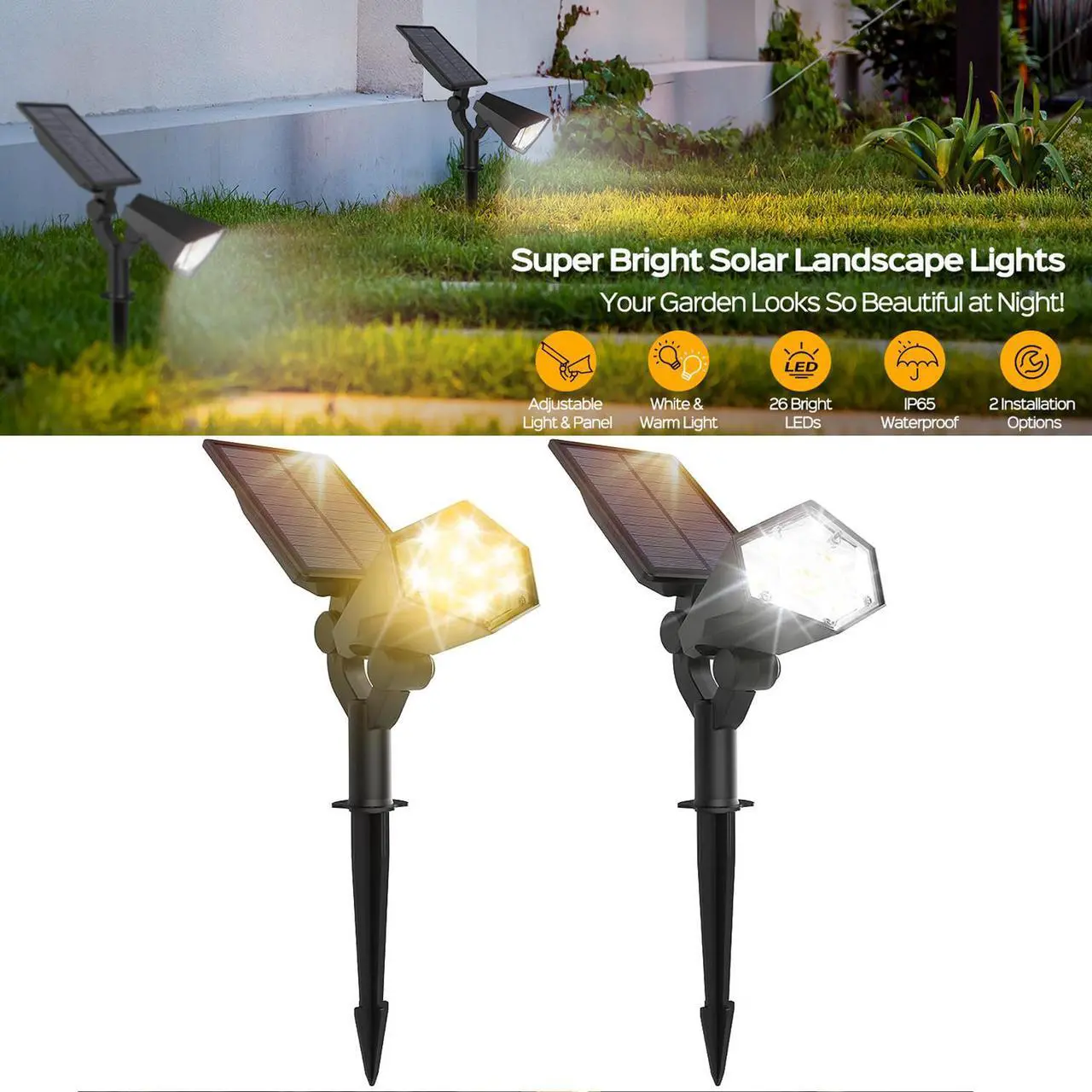 Alt view image 2 of 7 - SUPERDANNY Solar Spot Lights Outdoor, 180° Adjustable Solar Lights for Outside Garden, 4 Modes 3000K/6000K, IP65 Waterproof, LED Solar Powered Landscape Lighting for Yard, Pathway, 2 Pack