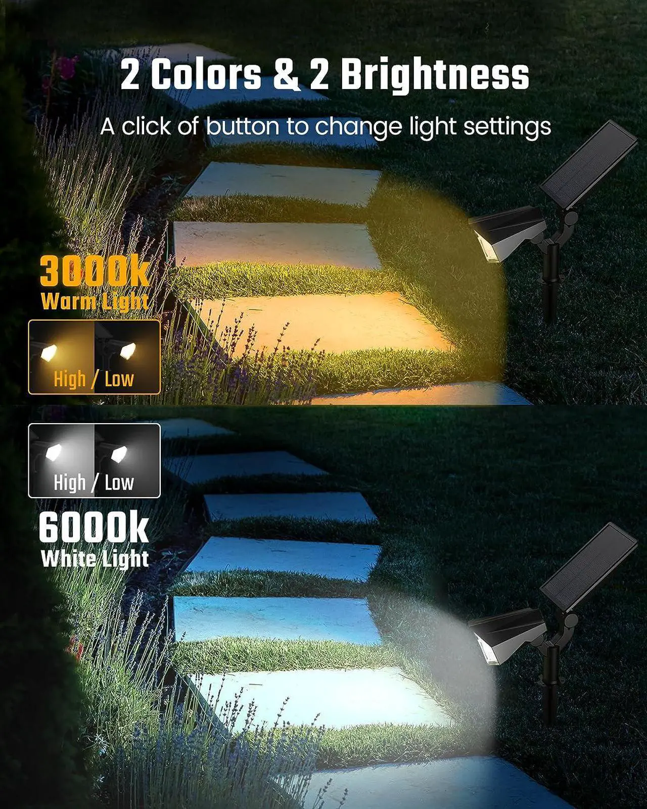 Alt view image 4 of 7 - SUPERDANNY Solar Spot Lights Outdoor, 180° Adjustable Solar Lights for Outside Garden, 4 Modes 3000K/6000K, IP65 Waterproof, LED Solar Powered Landscape Lighting for Yard, Pathway, 2 Pack