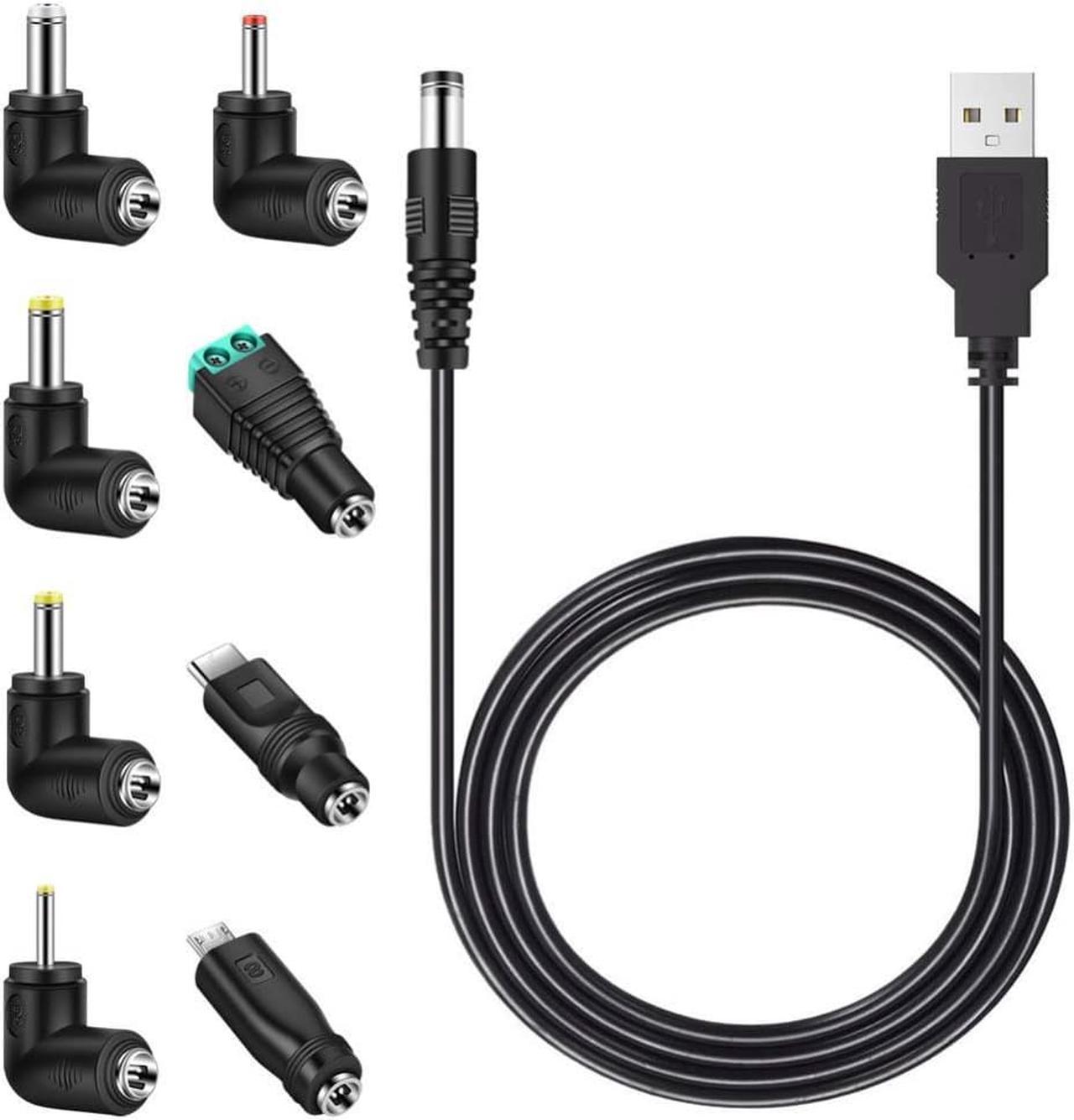 Universal 5V DC Power Cable, USB to DC 5.5x2.1mm Charging Cord Plug with 8 Connector Tips(5.5x2.5, 4.8x1.7, 4.0x1.7, 3.5x1.35, 2