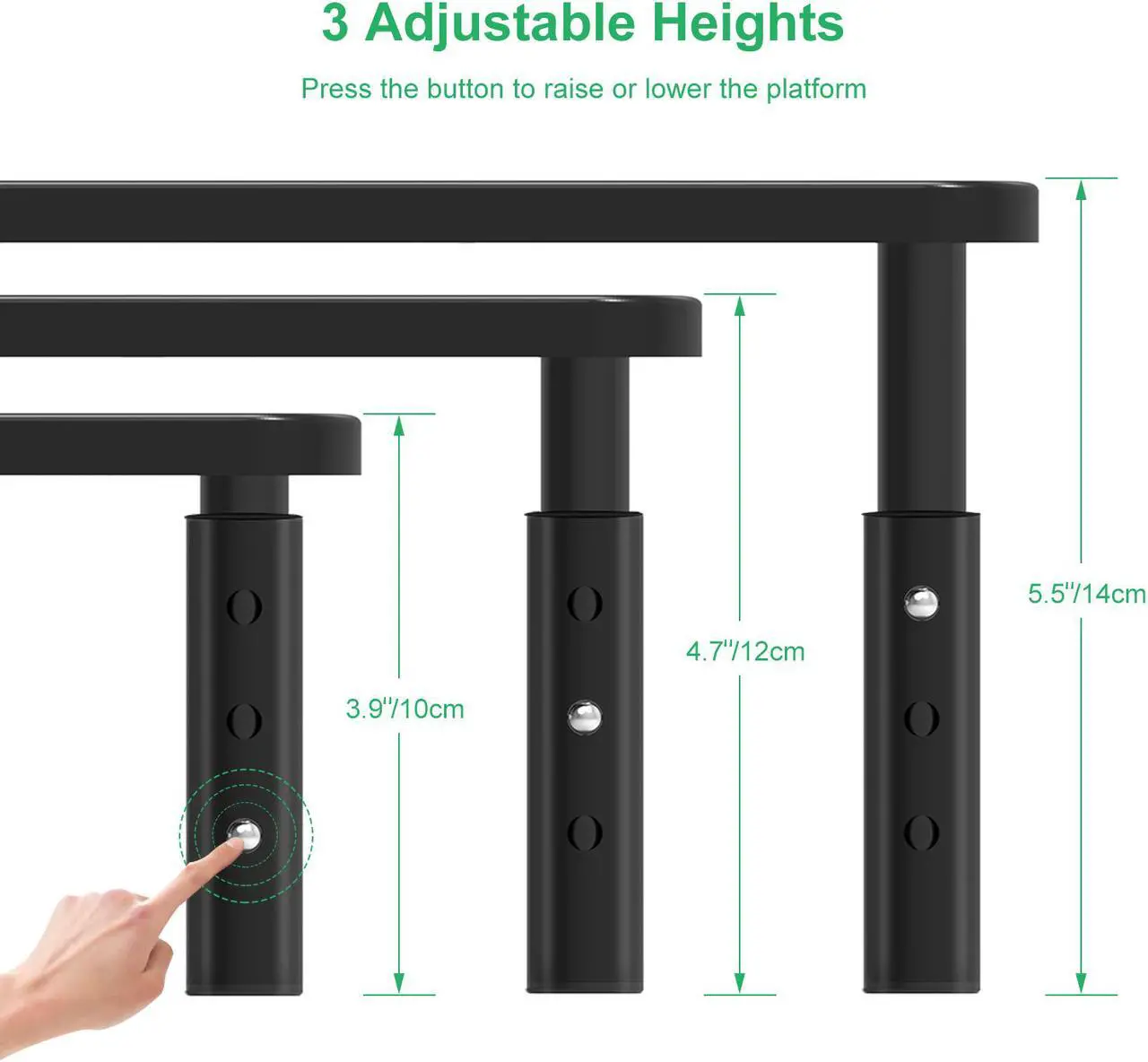 Alt view image 3 of 7 - Two Pack Minthouz Monitor stand 14 x 9 inch, 3 Heights Adjustable Monitor Mount for Computer, Laptop, iMac, Printer, Vented Metal Monitor Stand Riser Desk Organizers and Accessories
