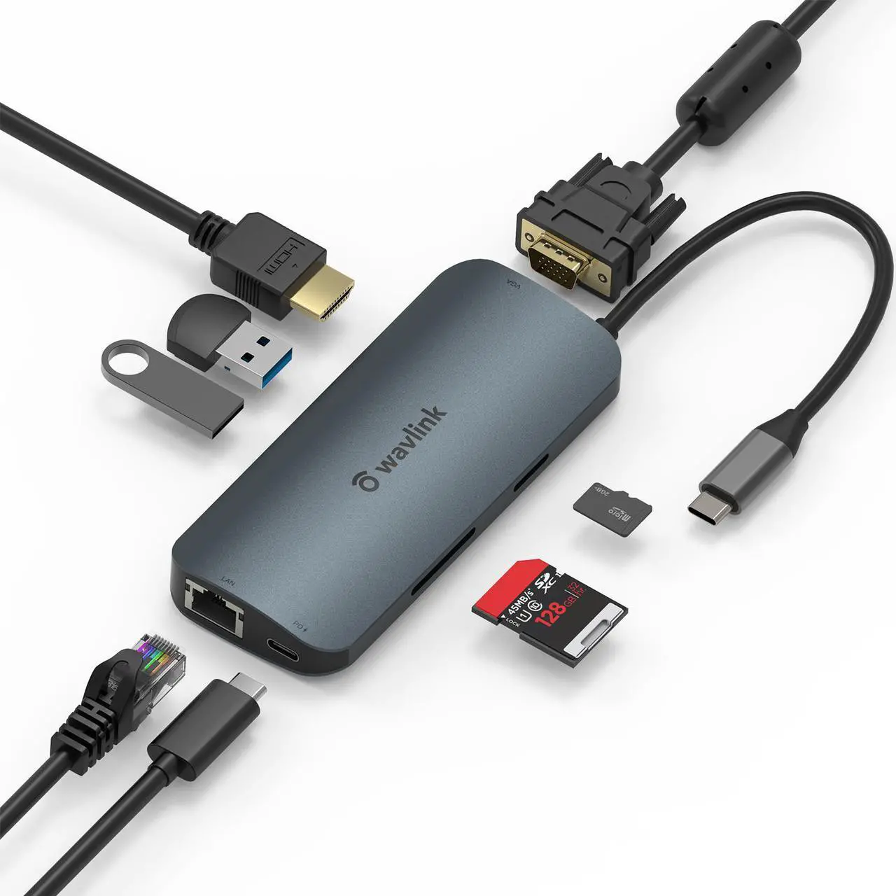 Main image of Wavlink USB C Hub, PD 8-in-1 USB C Adapter, with 60W Laptop Power Delivery, 4K 30Hz HDMI Port, 2K 60Hz VGA Port, 2 USB A Ports, Gigabit Ethernet Port, microSD and SD Card Reader, for MacBook Pro, etc.
