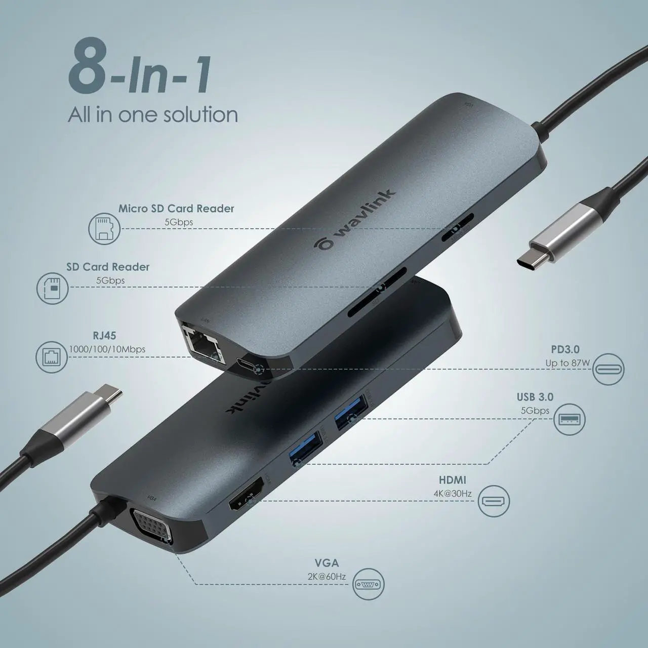 Alt view image 2 of 7 - Wavlink USB C Hub, PD 8-in-1 USB C Adapter, with 60W Laptop Power Delivery, 4K 30Hz HDMI Port, 2K 60Hz VGA Port, 2 USB A Ports, Gigabit Ethernet Port, microSD and SD Card Reader, for MacBook Pro, etc.
