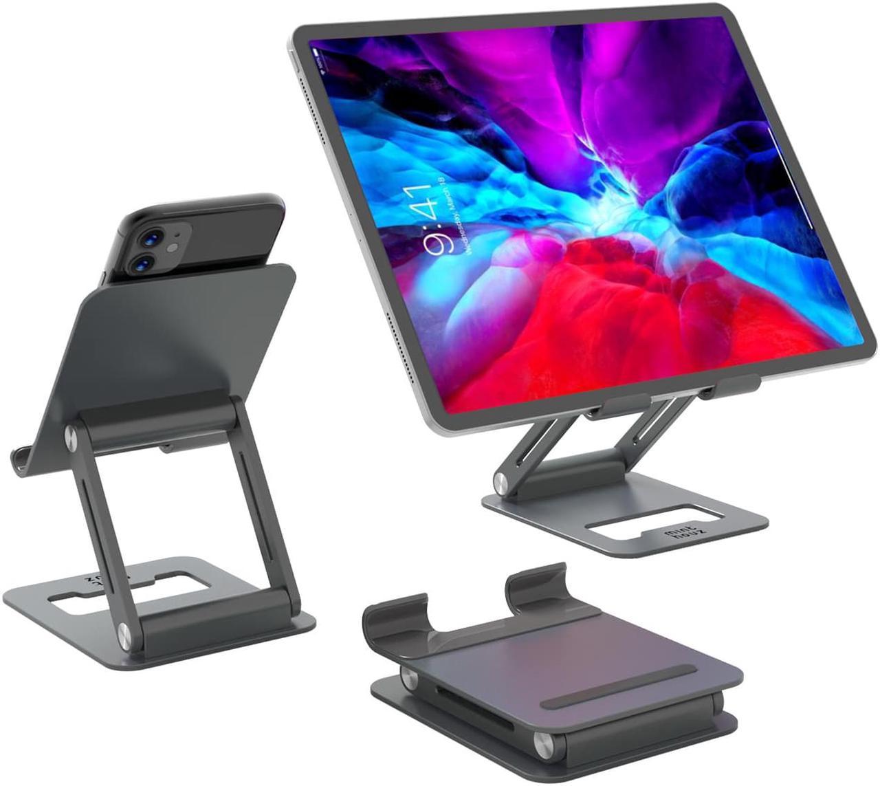 Minthouz Tablet Stand, Adjustable & Foldable Tablet Holder, Compact Aluminum Phone Stand with Anti-Slip Pads, Compatible with All 4.7-12.9 inches Mobile Phones/E-Readers/Tablets/Ultrabooks - Gray