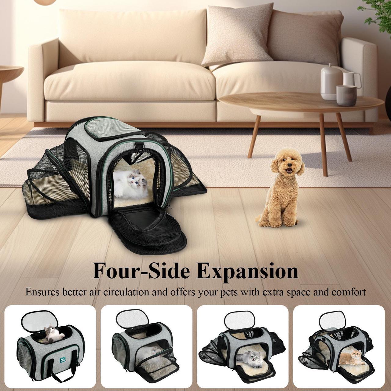 Main image of Minthouz 4-Sided Expandable Pet Carrier, Airline Approved Collapsible Pet Travel Bag with 4 Shoulder Straps & Removable Fleece Pad, for Cats, Puppies, Rabbits and More Medium-size Pets(Grey&Green)