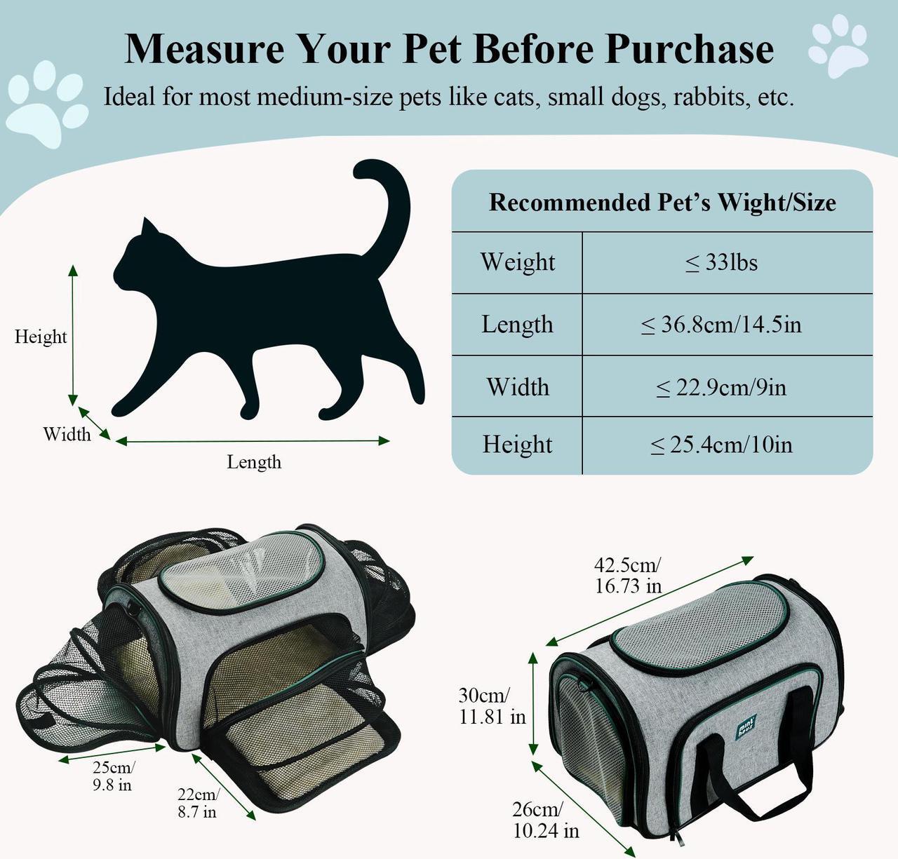 Alt view image 2 of 7 - Minthouz 4-Sided Expandable Pet Carrier, Airline Approved Collapsible Pet Travel Bag with 4 Shoulder Straps & Removable Fleece Pad, for Cats, Puppies, Rabbits and More Medium-size Pets(Grey&Green)