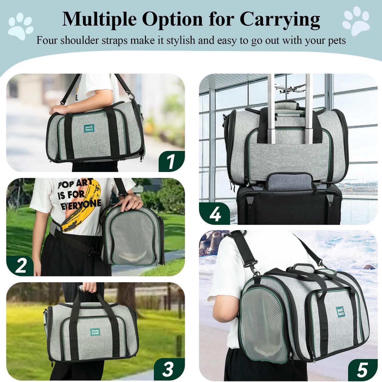 Alt view image 6 of 7 - Minthouz 4-Sided Expandable Pet Carrier, Airline Approved Collapsible Pet Travel Bag with 4 Shoulder Straps & Removable Fleece Pad, for Cats, Puppies, Rabbits and More Medium-size Pets(Grey&Green)