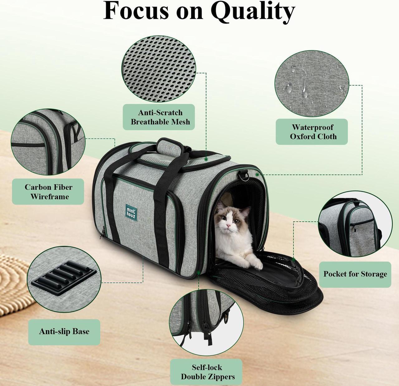 Alt view image 3 of 7 - Minthouz 4-Sided Expandable Pet Carrier, Airline Approved Collapsible Pet Travel Bag with 4 Shoulder Straps & Removable Fleece Pad, for Cats, Puppies, Rabbits and More Medium-size Pets(Grey&Green)