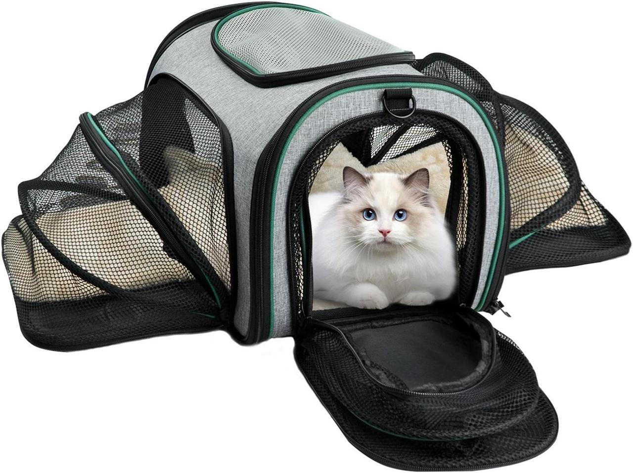 Alt view image 7 of 7 - Minthouz 4-Sided Expandable Pet Carrier, Airline Approved Collapsible Pet Travel Bag with 4 Shoulder Straps & Removable Fleece Pad, for Cats, Puppies, Rabbits and More Medium-size Pets(Grey&Green)