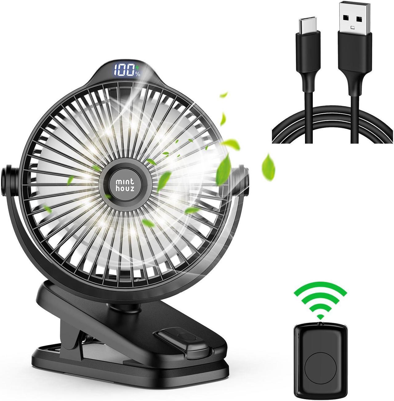 Main image of Minthouz 8000mAh Clip-on-Fan, Portable Battery Operated Fan, USB-C Rechargeable Clip Fan with 5 Speeds, max 32 Hours Working Time, Low Noise, Ideal for Outdoor Camping/Golf Cart/Home/Office, Black