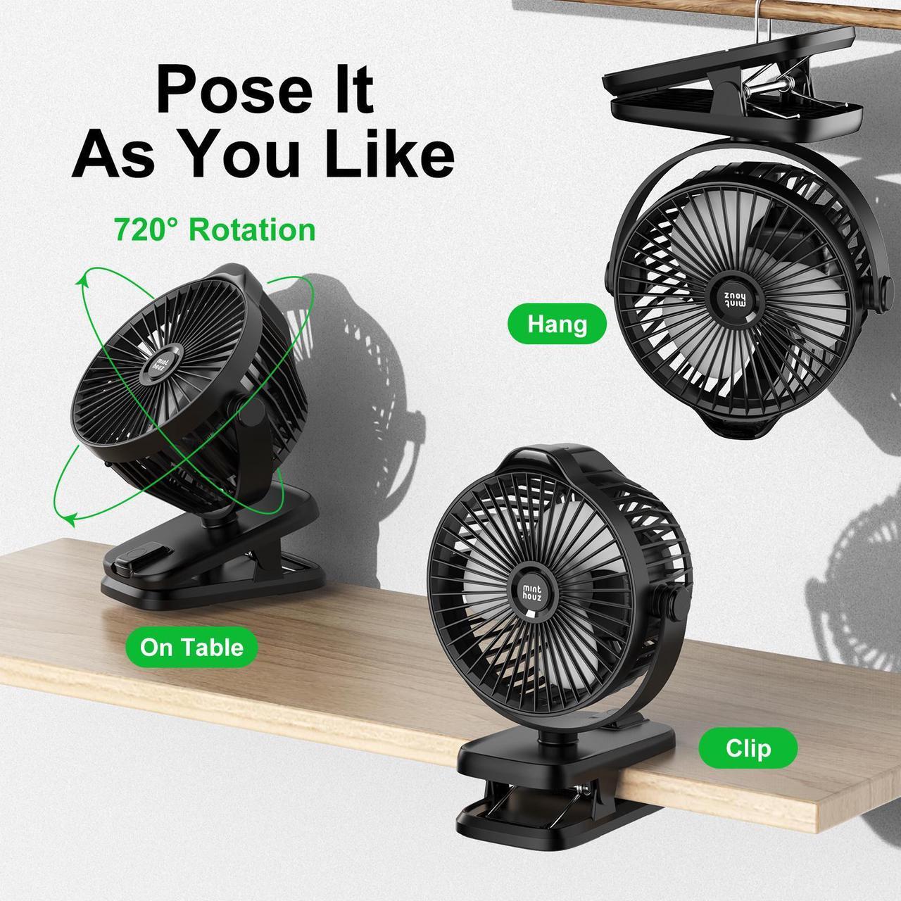 Alt view image 2 of 7 - Minthouz 8000mAh Clip-on-Fan, Portable Battery Operated Fan, USB-C Rechargeable Clip Fan with 5 Speeds, max 32 Hours Working Time, Low Noise, Ideal for Outdoor Camping/Golf Cart/Home/Office, Black