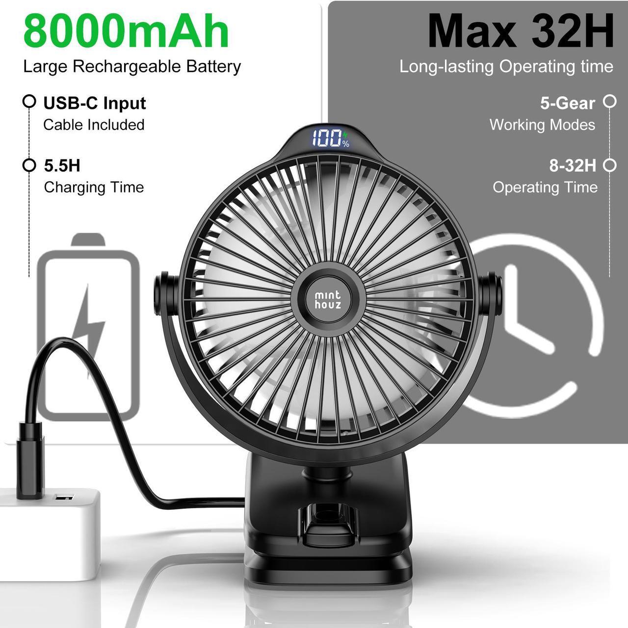 Alt view image 3 of 7 - Minthouz 8000mAh Clip-on-Fan, Portable Battery Operated Fan, USB-C Rechargeable Clip Fan with 5 Speeds, max 32 Hours Working Time, Low Noise, Ideal for Outdoor Camping/Golf Cart/Home/Office, Black