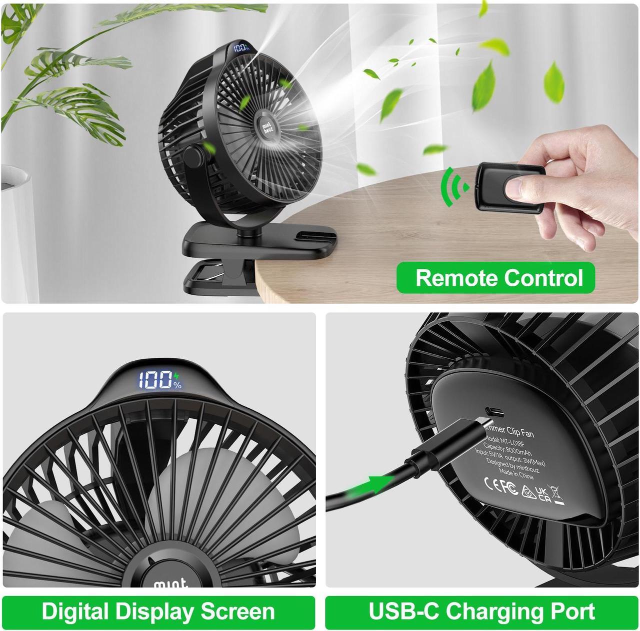 Alt view image 5 of 7 - Minthouz 8000mAh Clip-on-Fan, Portable Battery Operated Fan, USB-C Rechargeable Clip Fan with 5 Speeds, max 32 Hours Working Time, Low Noise, Ideal for Outdoor Camping/Golf Cart/Home/Office, Black