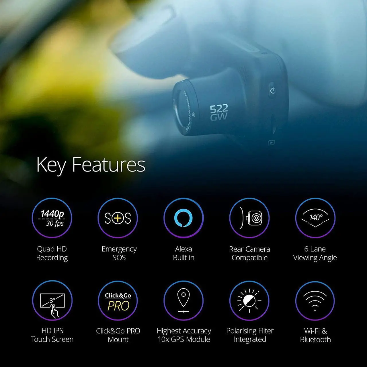 Alt view image 8 of 17 - Nextbase 522GW Series 2 Car Dash Camera -1440p/30fps HD DVR Cam Front and Rear Recording Modules 140° Wide Viewing Angle Wi-Fi & Bluetooth Alexa GPS Polarising Filter Black
