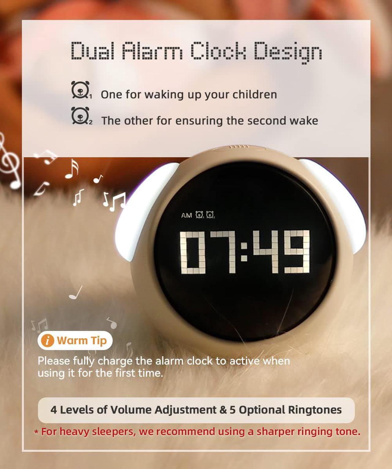 Alt view image 3 of 6 - SMY Kids Alarm Clock, Dual Alarm Setting, Adjustable Brightness Night Light, Voice-Activated,Temperature Detection, Wake-up Alarm Clock, Toy and Gift for Toddler, Children, Students, Boys&Girls Pink