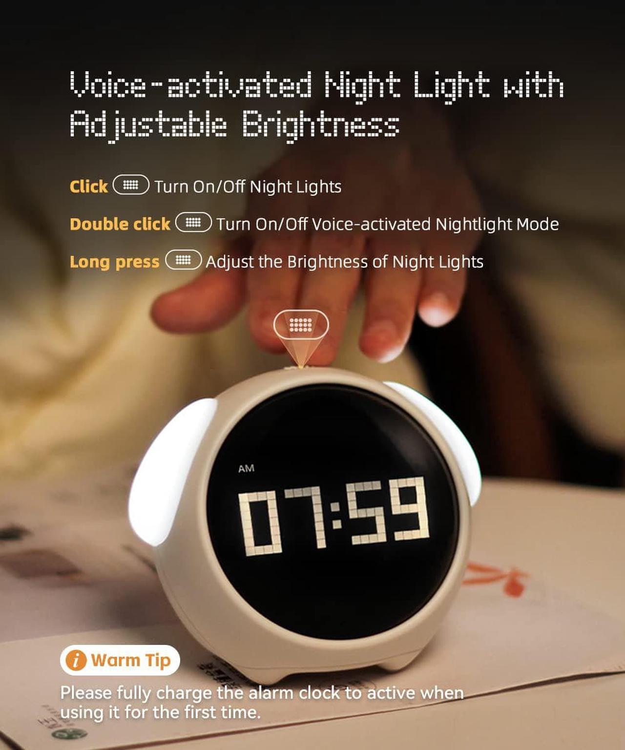 Alt view image 5 of 6 - SMY Kids Alarm Clock, Dual Alarm Setting, Adjustable Brightness Night Light, Voice-Activated,Temperature Detection, Wake-up Alarm Clock, Toy and Gift for Toddler, Children, Students, Boys&Girls Pink