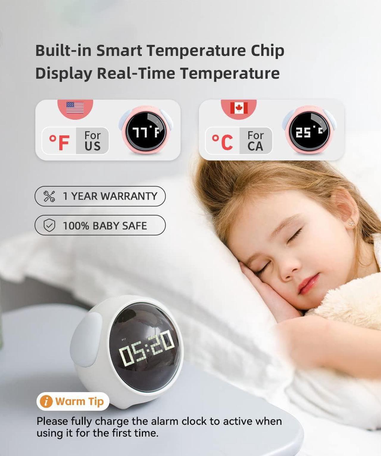 Alt view image 6 of 6 - SMY Kids Alarm Clock, Dual Alarm Setting, Adjustable Brightness Night Light, Voice-Activated,Temperature Detection, Wake-up Alarm Clock, Toy and Gift for Toddler, Children, Students, Boys&Girls Pink