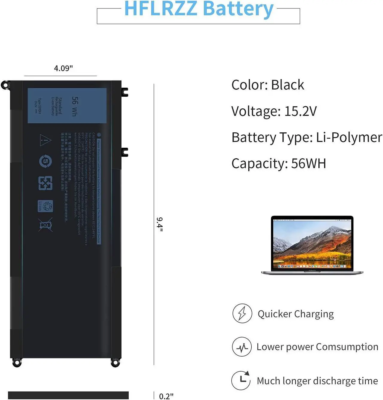 Alt view image 2 of 5 - 33YDH Laptop Battery for Dell Inspirion 17 7000 7778 7779 7786 7773 15 7577 G3 3579 3779 G5 5587 G7 7588, Latitude 3380 3490 3580 3590 PVHT1 P30E 99NF2 81PF3 081PF3 P30E001