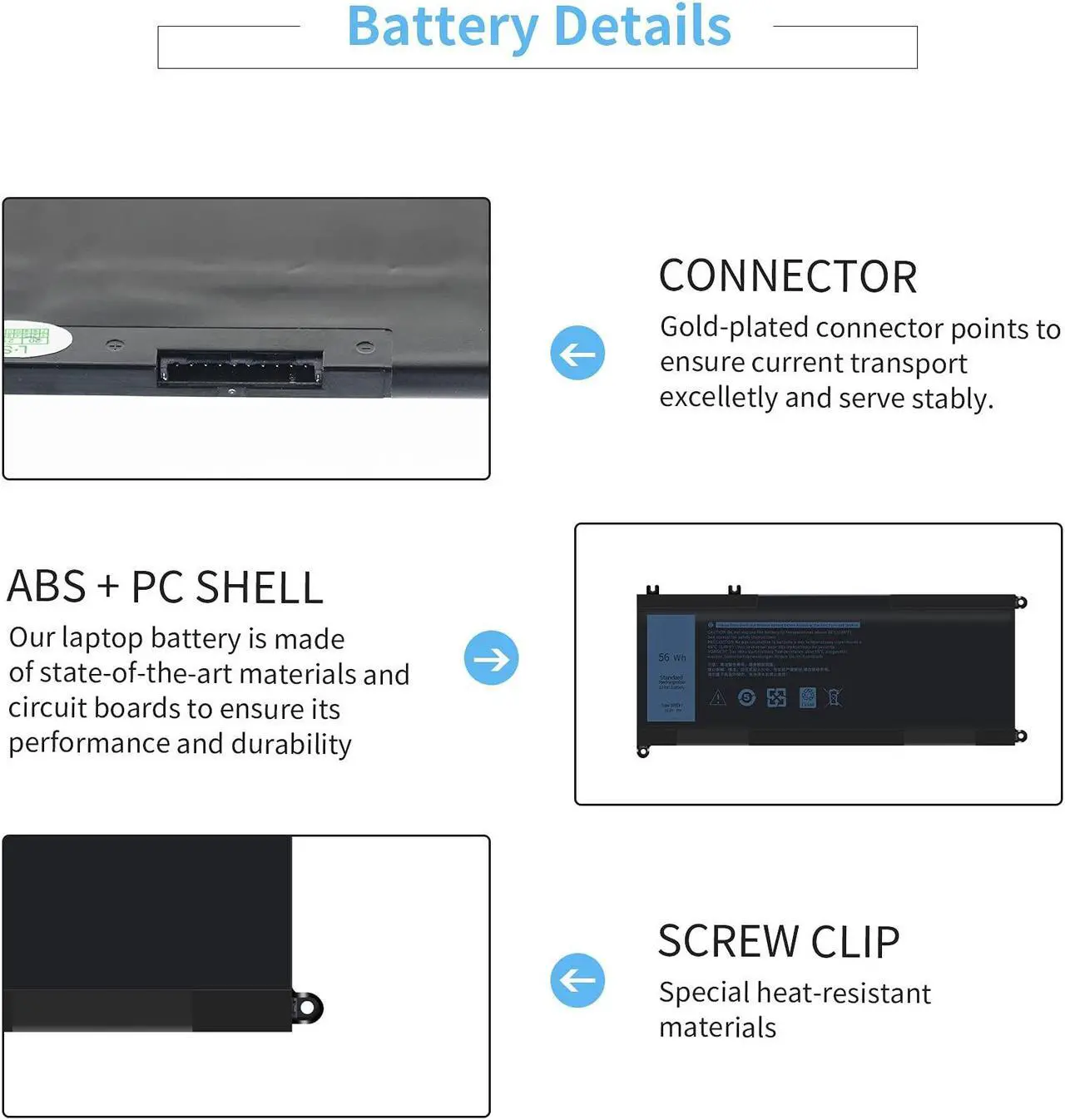 Alt view image 4 of 5 - 33YDH Laptop Battery for Dell Inspirion 17 7000 7778 7779 7786 7773 15 7577 G3 3579 3779 G5 5587 G7 7588, Latitude 3380 3490 3580 3590 PVHT1 P30E 99NF2 81PF3 081PF3 P30E001