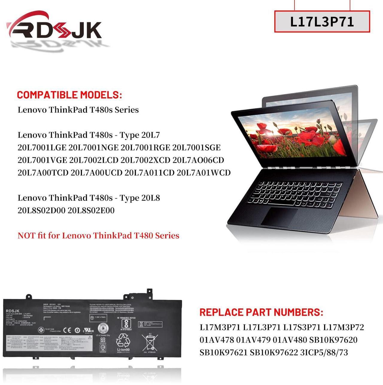 Alt view image 3 of 5 - L17L3P71 L17M3P71 L17S3P71 L17M3P72 01AV478 01AV479 01AV480 Laptop Battery for Lenovo ThinkPad T480s 20L7 20L8 20L7A011CD 20L7A01WCD 20L8S02D00 20L8S02E00 Series SB10K97620 SB10K97621 SB10K97622 57Wh