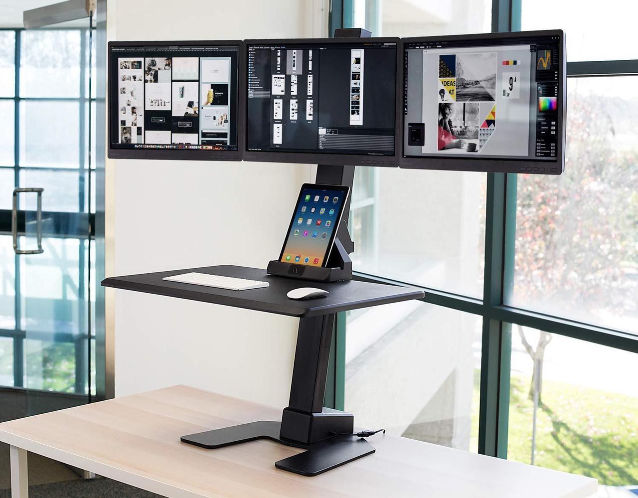Alt view image 3 of 5 - Mount-It! Triple Monitor Electric Standing Desk Converter - 3 Screens Stand Up Desk Riser - Height Adjustable Desktop & 3 Mounts for Screens up to 32", Sit-Stand Convertor for Home, Office, School