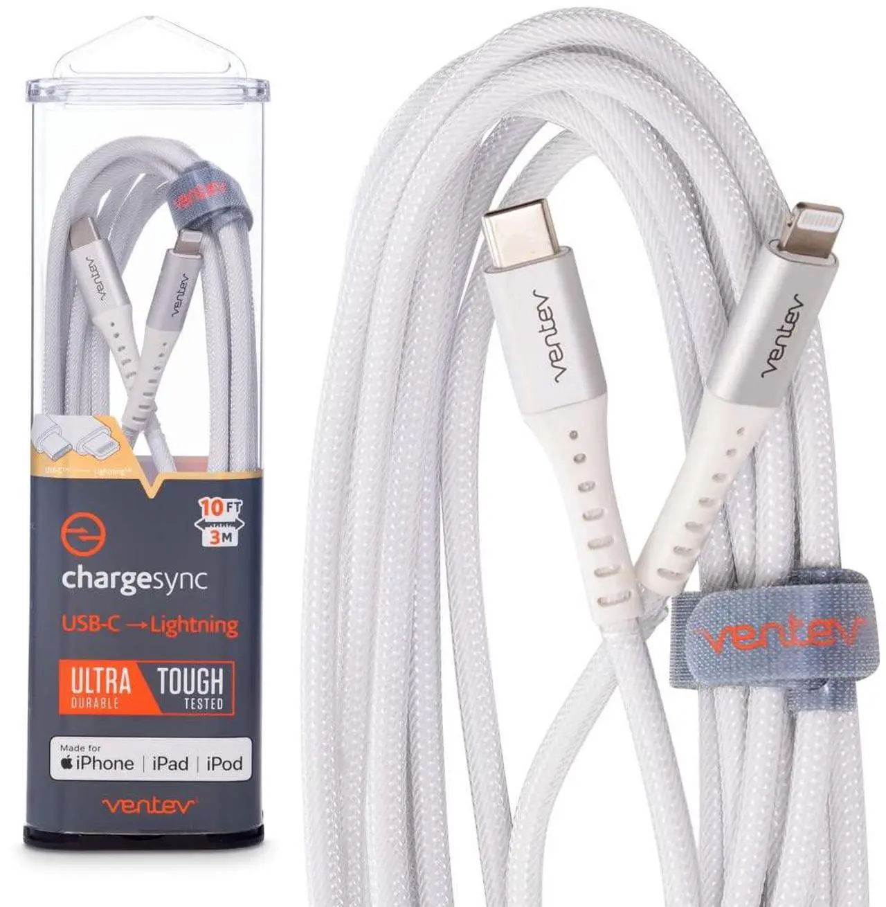 Main image of Ventev Alloy 10 Ft iPhone Cable | Fast Charging USB-C to Lightning Cable | Extra Long MFi Certified Apple Charging Cord | Lasts Up to 100x Longer Than Most Cables for iPhone, White