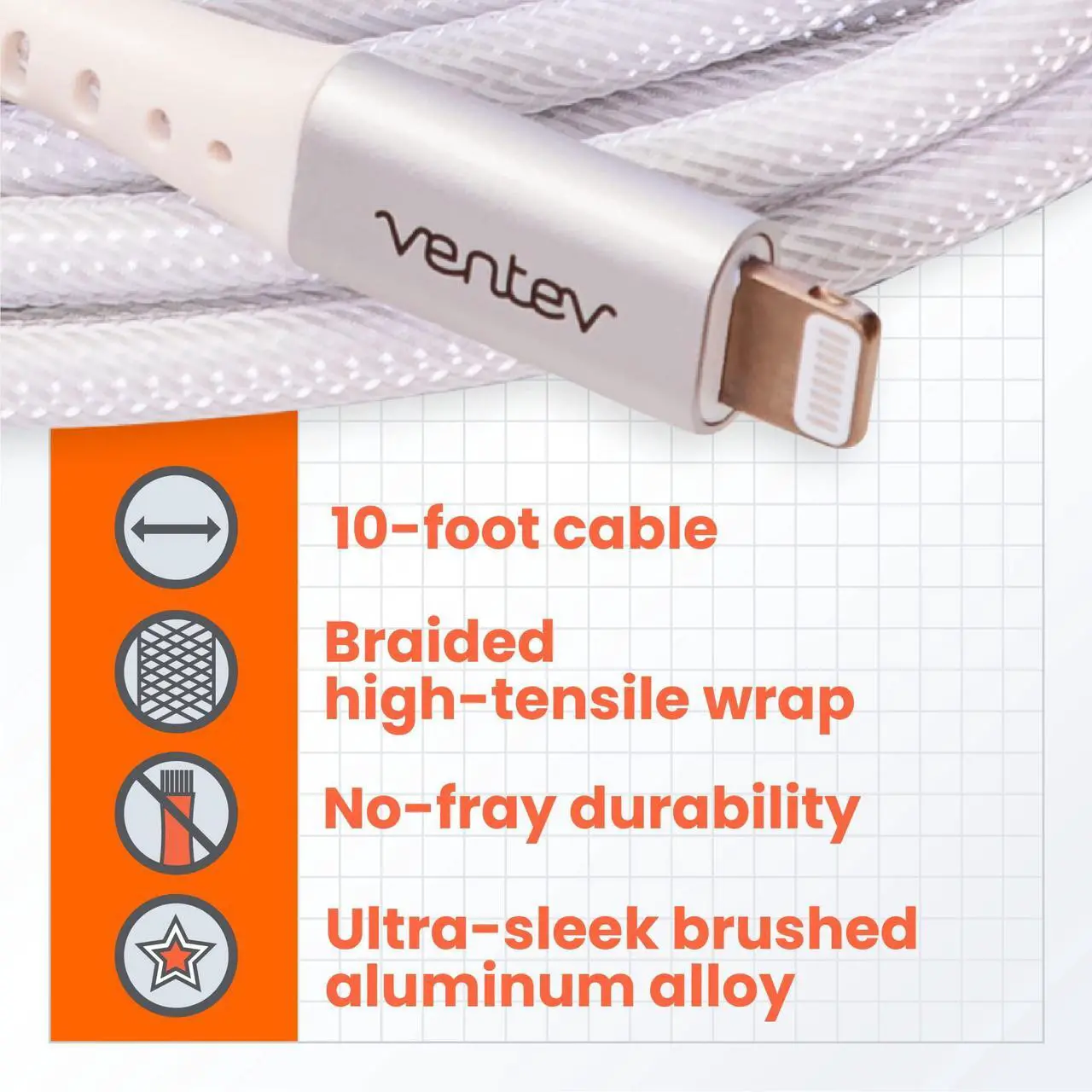 Alt view image 2 of 5 - Ventev Alloy 10 Ft iPhone Cable | Fast Charging USB-C to Lightning Cable | Extra Long MFi Certified Apple Charging Cord | Lasts Up to 100x Longer Than Most Cables for iPhone, White