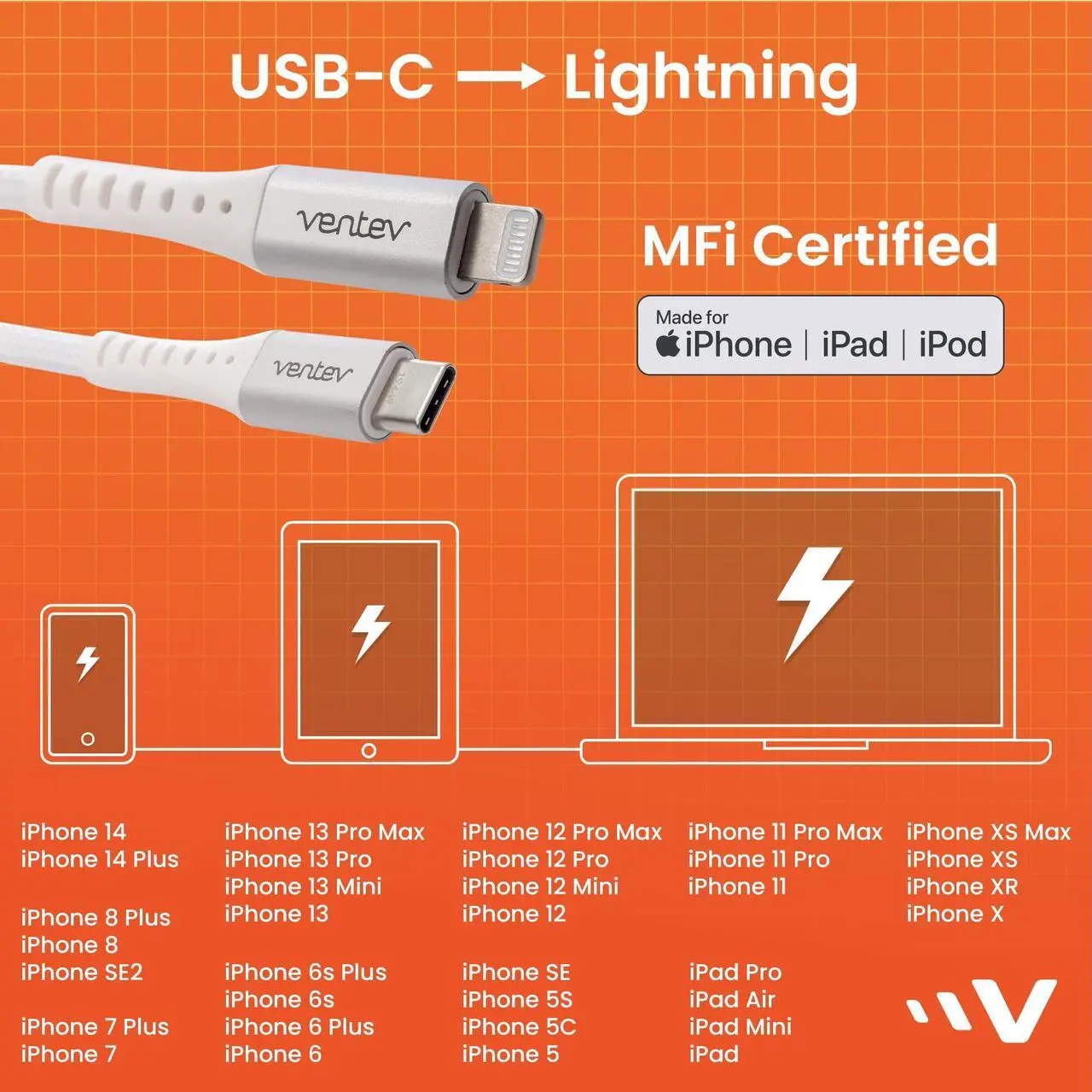 Alt view image 4 of 5 - Ventev Alloy 10 Ft iPhone Cable | Fast Charging USB-C to Lightning Cable | Extra Long MFi Certified Apple Charging Cord | Lasts Up to 100x Longer Than Most Cables for iPhone, White