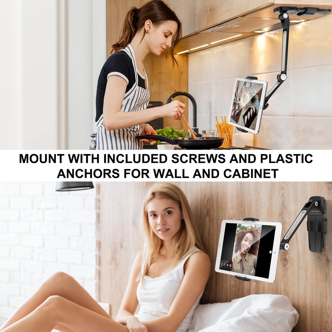 Alt view image 2 of 5 - AboveTEK iPad Wall Mount, 3 in 1 Highflex 360deg Under Cabinet iPad Mount for Kitchen, Tablet Celling Under Counter Holder, Kitchen iPad Stands Fits 4.7" to 13.5" iPad, Mini, Air, Surface Pro - Black