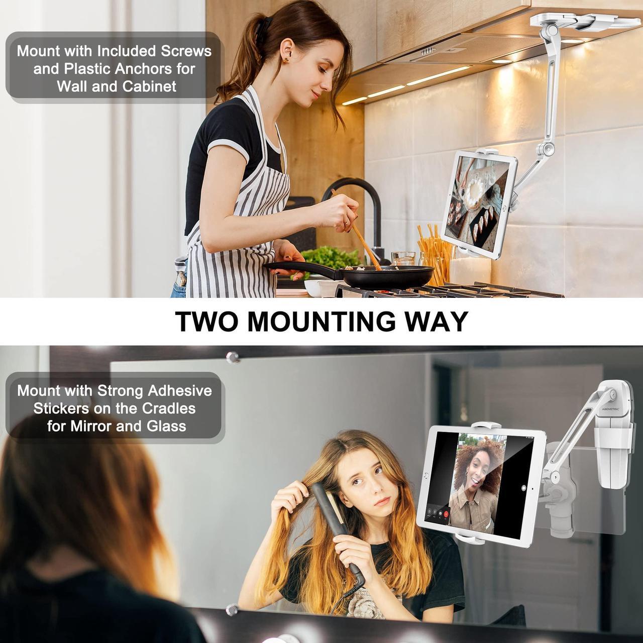 Alt view image 3 of 5 - AboveTEK Under Cabinet iPad Mount, 3 in 1 Highflex 360deg iPad Wall Mount for Kitchen, Tablet Celling Under Counter Holder, Kitchen iPad Stands Fits 4.7" to 13.5" iPad, Mini, Air, Surface Pro - White