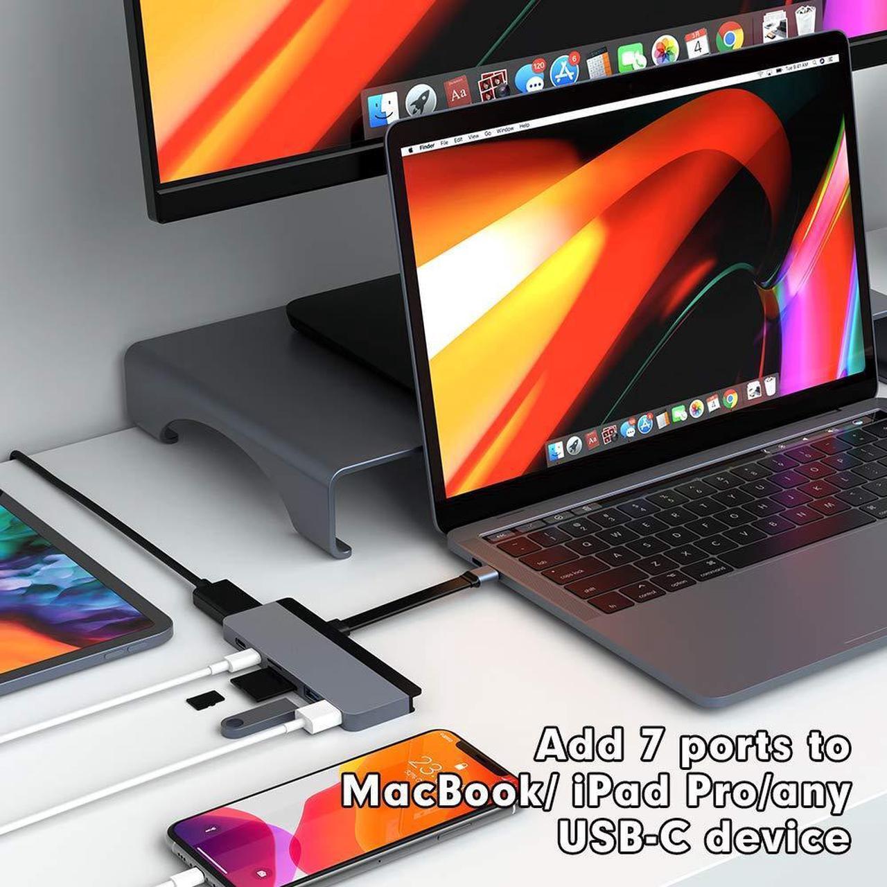 Alt view image 2 of 5 - HyperDrive USB C Hub, Mac Type-C Dual Hub Adapter for MacBook Pro Air 13" 15" 16" iPad Pro, USB-C Devices, 7in2: USBC PD 100W 40Gbps, 4K HDMI, microSD/SD Card Reader, 2xUSB 3.1 Space Grey
