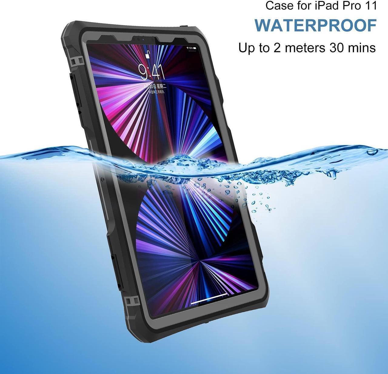 Alt view image 2 of 5 - ShellBox Case New iPad Pro 11 inch 2022&2021&2020 Waterproof Case, Full-Body Heavy Duty Shockproof Protective Cover with Kickstand Built-in Screen Protector Pencil Holder Shoulder Strap (Black)
