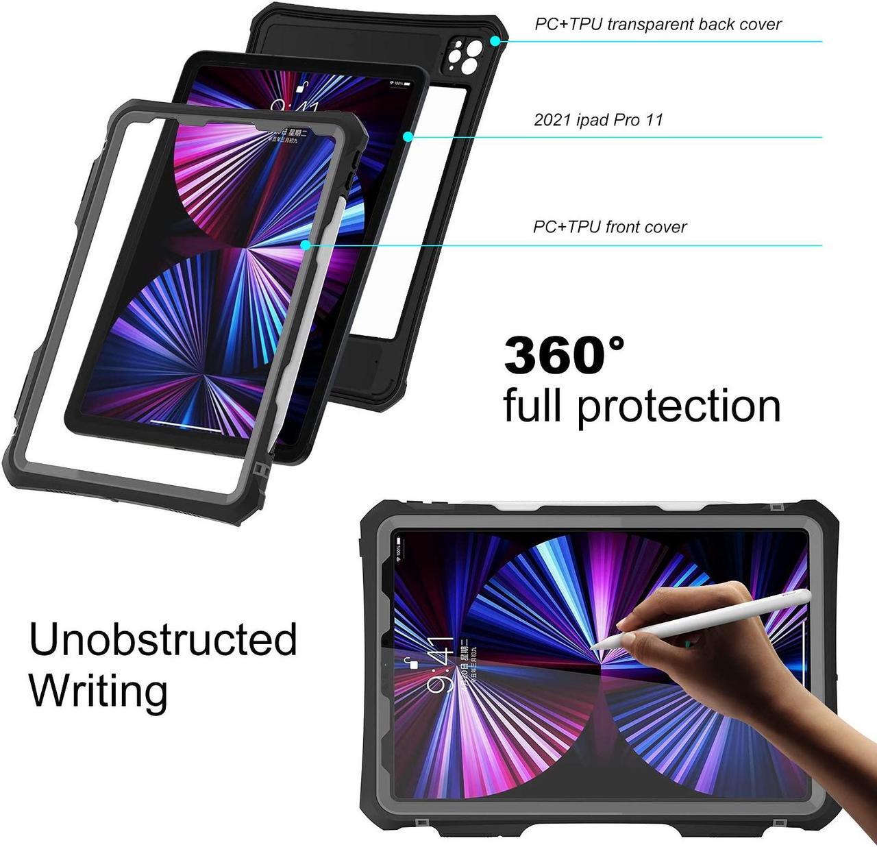 Alt view image 3 of 5 - ShellBox Case New iPad Pro 11 inch 2022&2021&2020 Waterproof Case, Full-Body Heavy Duty Shockproof Protective Cover with Kickstand Built-in Screen Protector Pencil Holder Shoulder Strap (Black)
