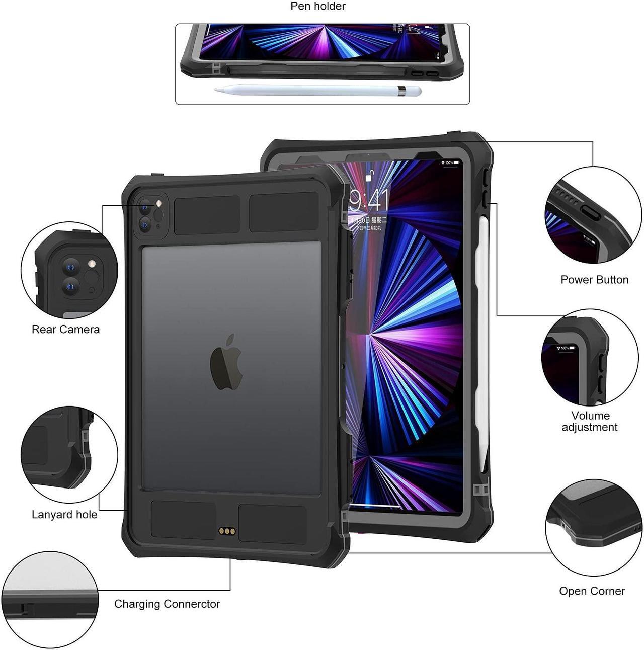 Alt view image 5 of 5 - ShellBox Case New iPad Pro 11 inch 2022&2021&2020 Waterproof Case, Full-Body Heavy Duty Shockproof Protective Cover with Kickstand Built-in Screen Protector Pencil Holder Shoulder Strap (Black)