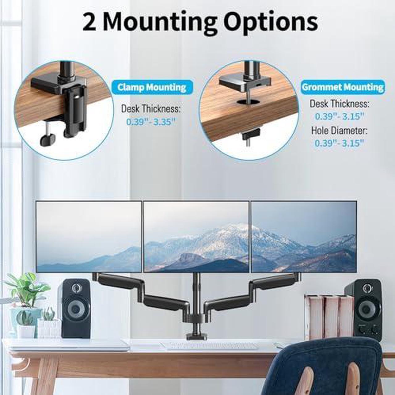 Main image of MOUNTUP Triple Monitor Mount, 3 Monitor Stand Desk Arm for Max 32 Inch Computer Screens, Max Extension 64.5" Gas Spring Triple Monitor Holder Support 2.2-17.6lbs, VESA Bracket with Clamp/Grommet Base