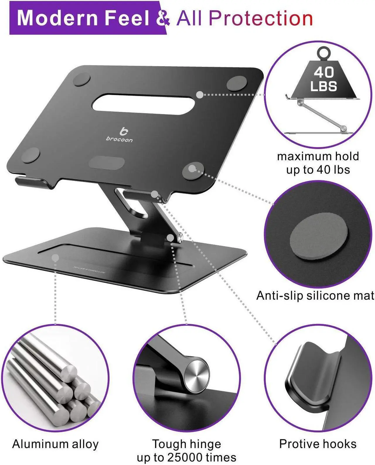 Alt view image 3 of 5 - brocoon Laptop Stand, Adjustable Laptop MacBook Stand for Desk, Ergonomic Aluminum Computer Stand with Heat-Vent, Laptop Riser Compatible for 10-17" Laptops