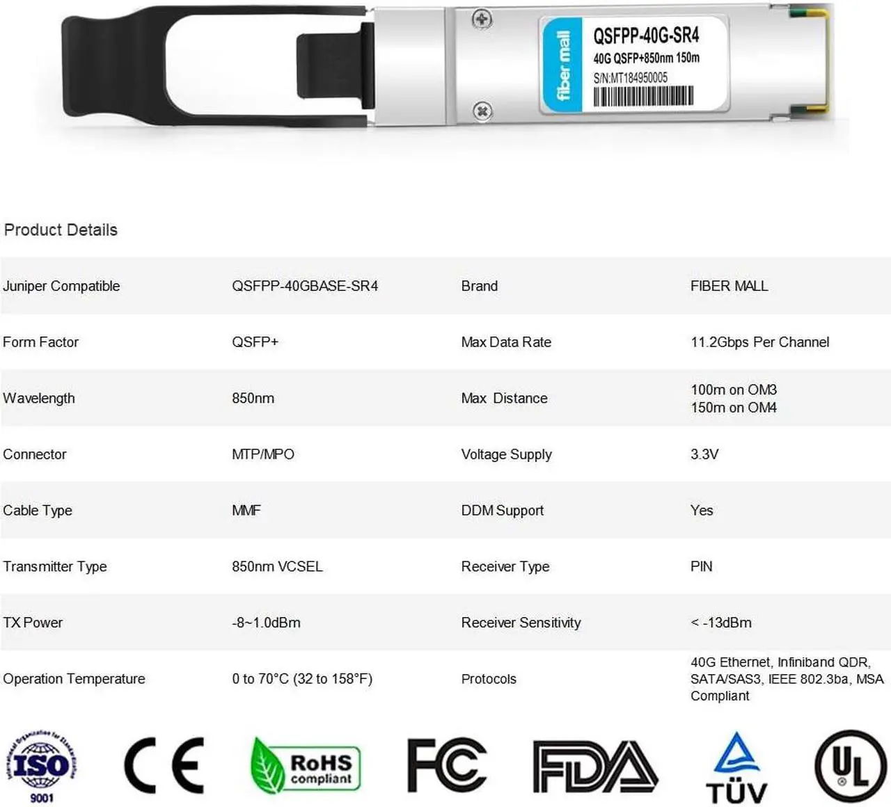 Alt view image 2 of 5 - 40G QSFP+ SR4 for Juniper QSFPP-40GBASE-SR4, QFX-QSFP-40G-SR4, EX-QSFP-40GE-SR4,40GBASE-SR4 QSFP+ 850nm 150m MTP/MPO DOM Optical Transceiver Module