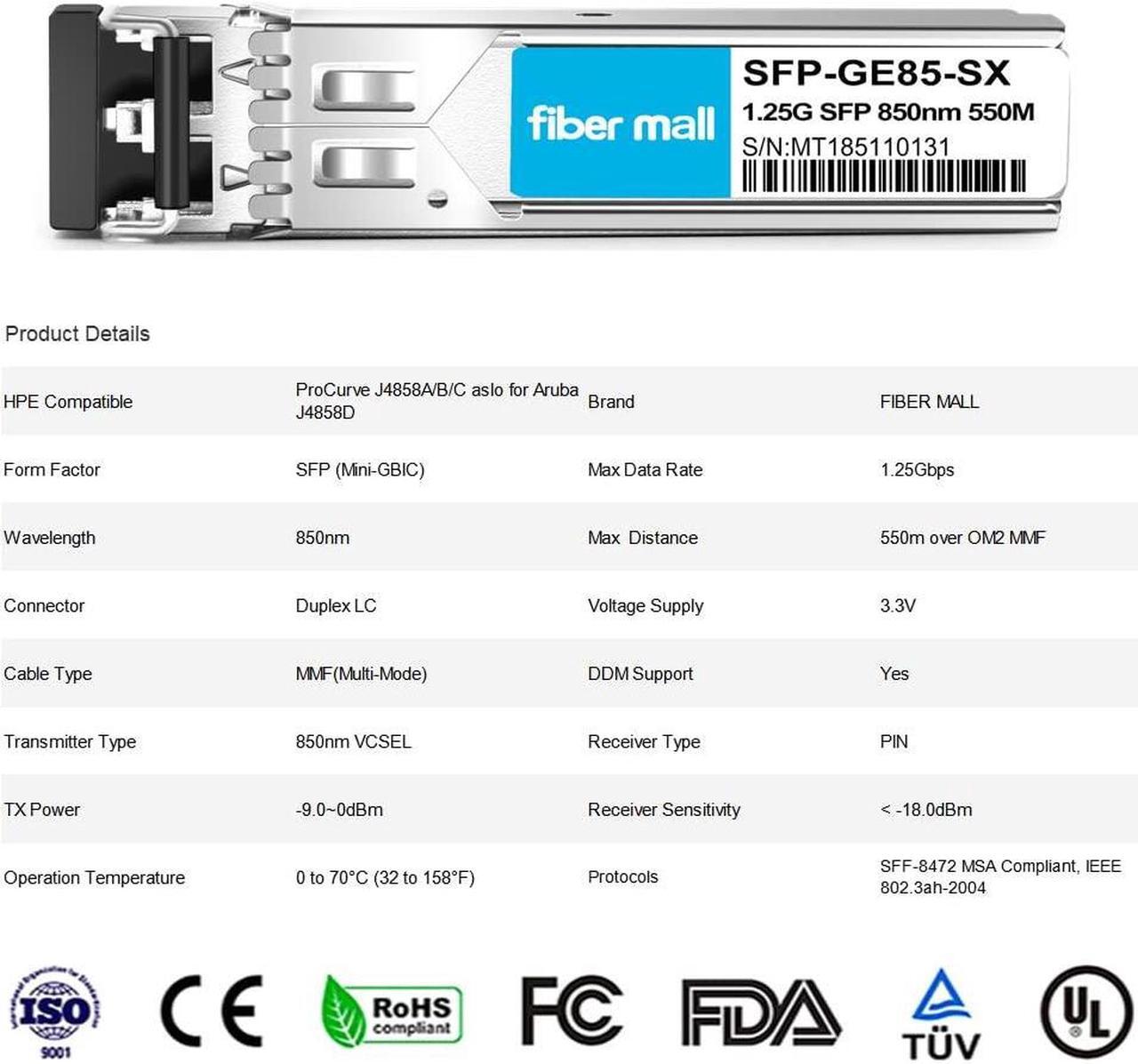 Alt view image 3 of 5 - 1G SFP SX for HPE ProCurve J4858C J4858B J4858A HPE Aruba J4858D 1000BASE-SX SFP Mini-GBIC Transceiver Module 850nm 550m LC Multi Mode Pack of 10