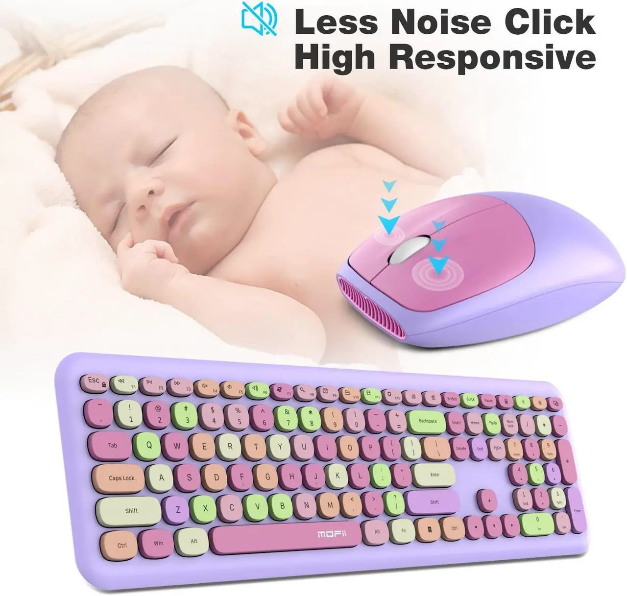 Alt view image 3 of 5 - MOFII Wireless Keyboard and Mouse Combo, 2.4G Silent Cordless Slim Full Size Keyboard and Ergonomic Mice Set for Laptop, Desktop, MacBook, PC - Purple Colorful