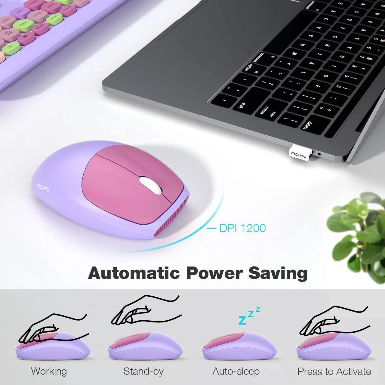 Alt view image 4 of 5 - MOFII Wireless Keyboard and Mouse Combo, 2.4G Silent Cordless Slim Full Size Keyboard and Ergonomic Mice Set for Laptop, Desktop, MacBook, PC - Purple Colorful