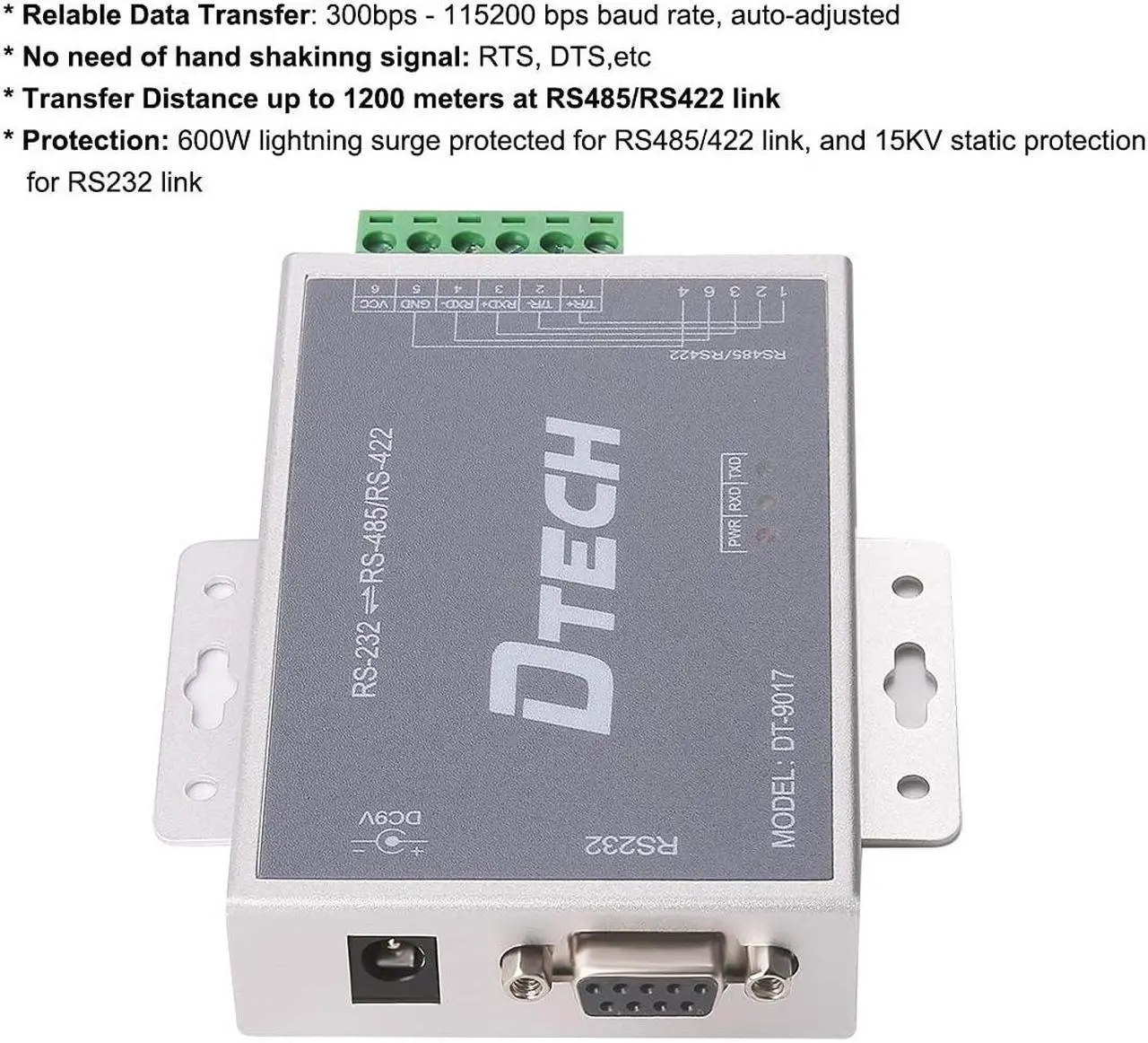 Alt view image 2 of 5 - DTECH Bi-Directional Active RS232 to RS485 RS422 Serial Converter with Surge Protection 600W 15KV ESD DB9 to RJ45 Phoenix Contacts Adapter Power Supply TX RX LEDs for Long Haul Data Communication