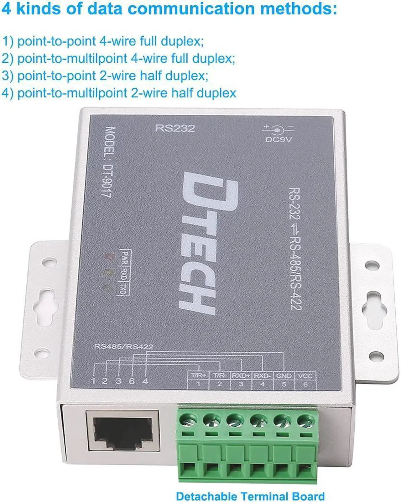 Alt view image 3 of 5 - DTECH Bi-Directional Active RS232 to RS485 RS422 Serial Converter with Surge Protection 600W 15KV ESD DB9 to RJ45 Phoenix Contacts Adapter Power Supply TX RX LEDs for Long Haul Data Communication