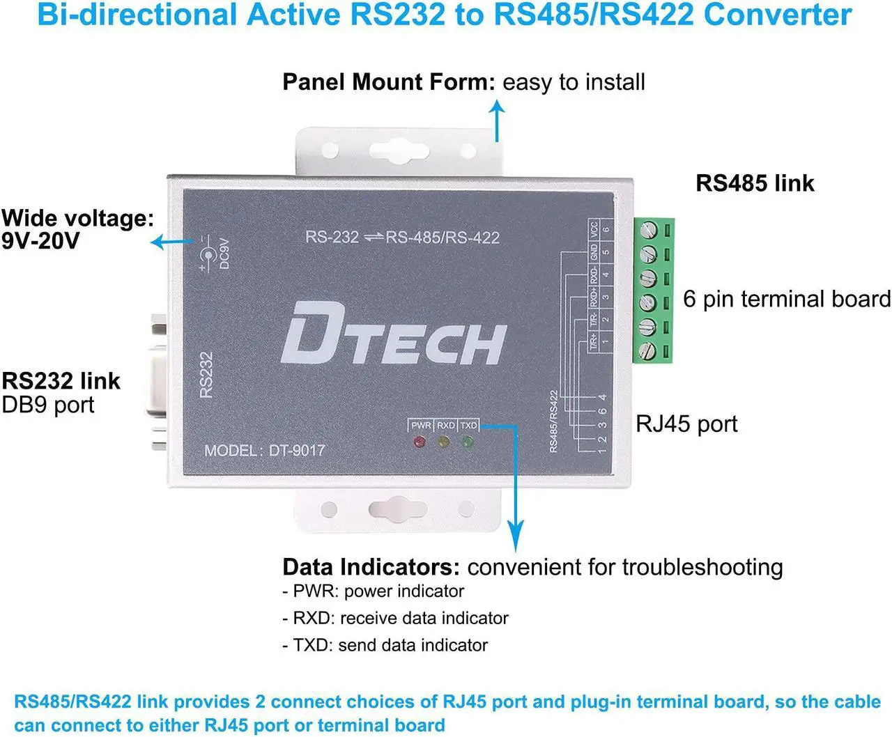 Alt view image 4 of 5 - DTECH Bi-Directional Active RS232 to RS485 RS422 Serial Converter with Surge Protection 600W 15KV ESD DB9 to RJ45 Phoenix Contacts Adapter Power Supply TX RX LEDs for Long Haul Data Communication