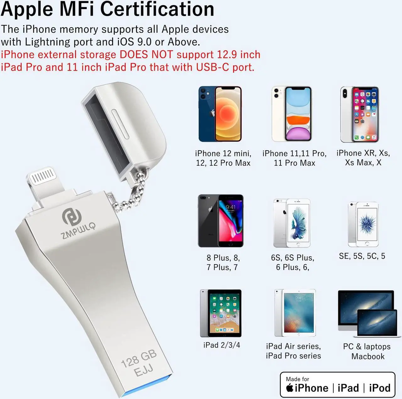 Alt view image 4 of 5 - PL ZMPWLQ Apple MFi Certified Backup Photos-Stick 128GB for iPhone Photo Storage-External-Thumb-Drive USB-Flash-Drive-for-iPhone Backup Drive iPad Photo Device Memory Stick for iPhone iPad PC 1pcs