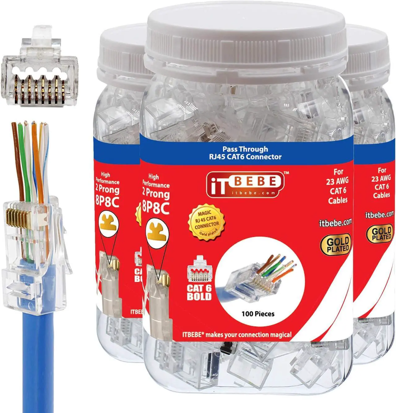 Main image of ITBEBE 300 Pieces RJ45 Cat6 cat6a Pass Through Connectors - Gold Plated Transparent Passthrough Ethernet Insert Crimp Connector UTP Network Plug for 23 AWG Cables