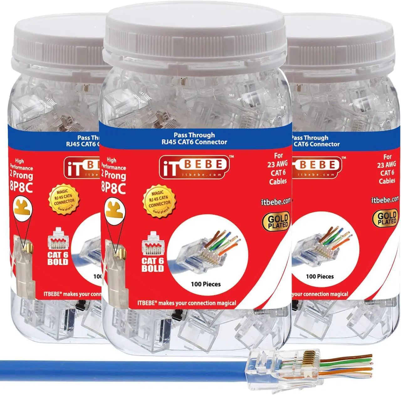 Alt view image 2 of 5 - ITBEBE 300 Pieces RJ45 Cat6 cat6a Pass Through Connectors - Gold Plated Transparent Passthrough Ethernet Insert Crimp Connector UTP Network Plug for 23 AWG Cables