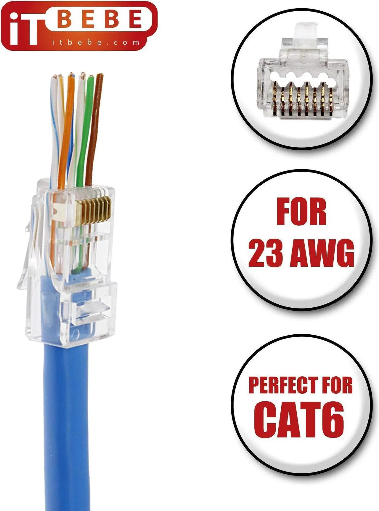 Alt view image 4 of 5 - ITBEBE 300 Pieces RJ45 Cat6 cat6a Pass Through Connectors - Gold Plated Transparent Passthrough Ethernet Insert Crimp Connector UTP Network Plug for 23 AWG Cables