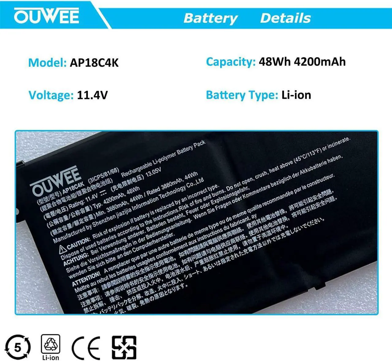 Alt view image 3 of 5 - OUWEE AP18C4K Laptop Battery Compatible with ACER Aspire 5 A515-43 Spin 3 SP314-54N Series Notebook 11.4V 4200mAh 48Wh
